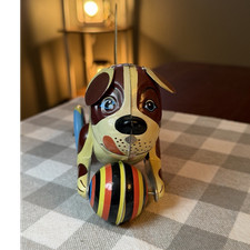 Vintage Tin Wind-Up Dog Toy with Ball Made in China for Collectors Age 17  Up