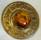 Antique Celtic Scottish Thistle Kilt Pin Brooch Citrine / Brass Great Britain