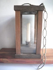Rustic Arts & Crafts Style Vintage Wood and Glass Lantern with Candle Lift