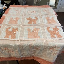 Vintage Quilt Handmade Cat Theme Baby Nursery kids room 62" x 44" Peach White
