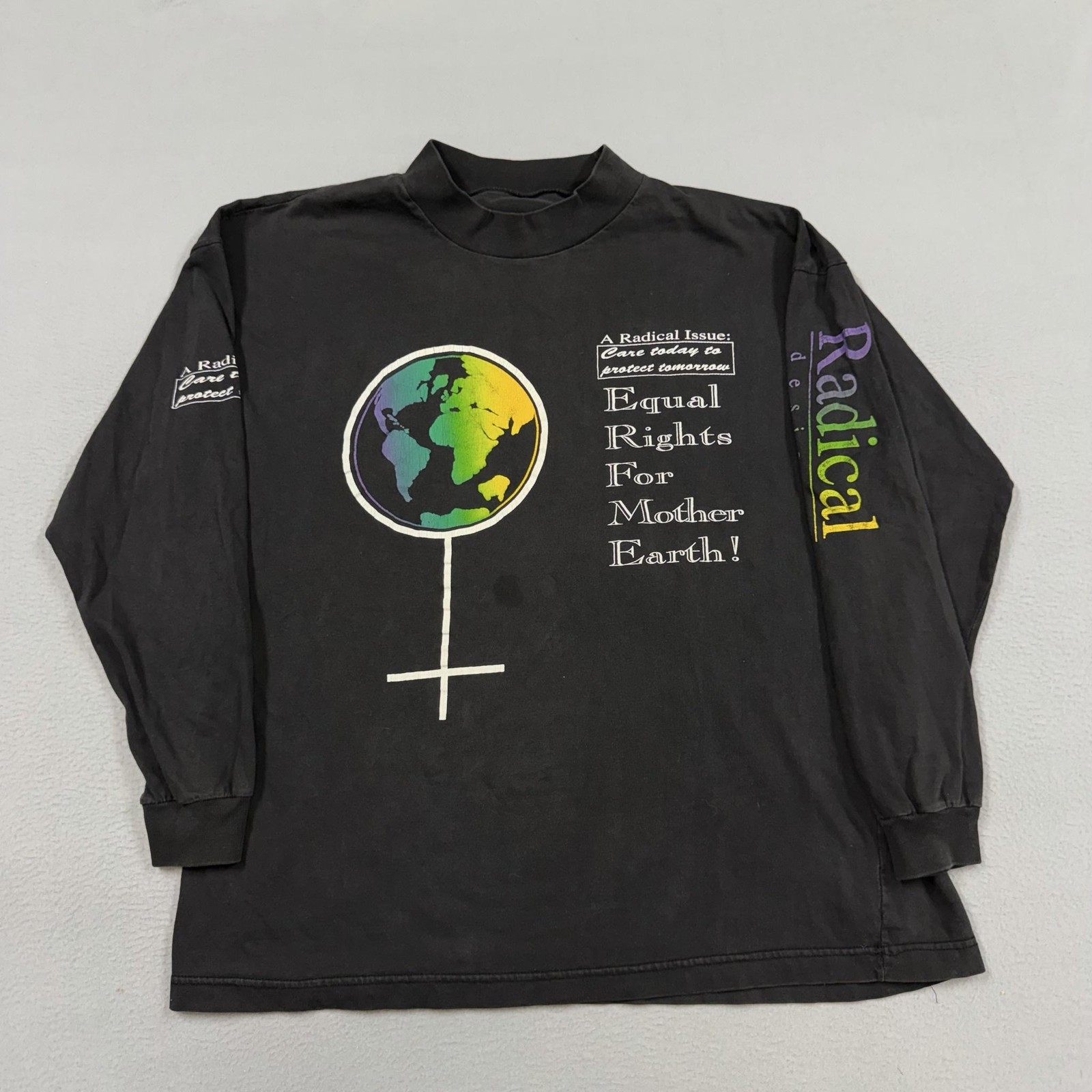 Vintage Radical Designs Shirt Mens Large Black Earth Graphic Long Sleeve 90s