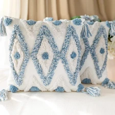 Set of 2 Cotton Woven Boho Throw Pillow Covers, Tufted Decorative Square Pill...