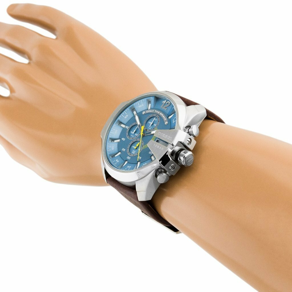 Diesel DZ4281 Mega Chief Silver, Blue and Brown Leather