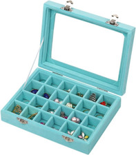 24 Slots Velvet Glass Jewelry Box Organizer Rings Earrings Tray Display Case