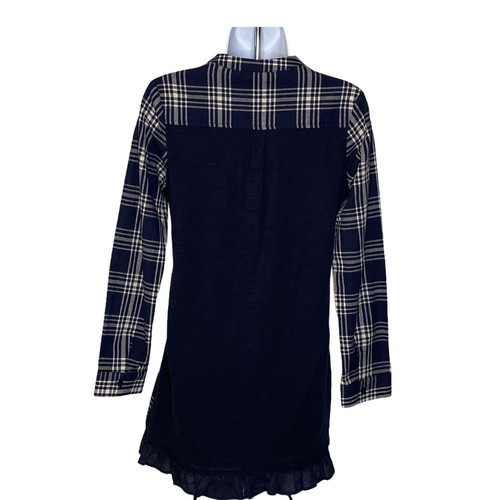 Esley Blue White Plaid Button Front Tunic Top Solid Back Ruffle Trim Sz Small - Picture 4 of 6