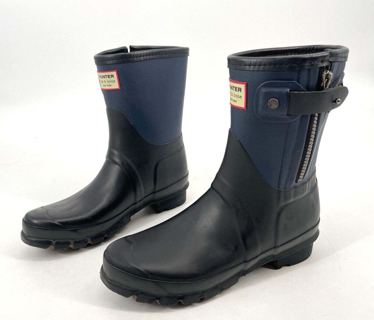 Hunter Rag Bone womens Short Rain Boot navy/black zip buckle