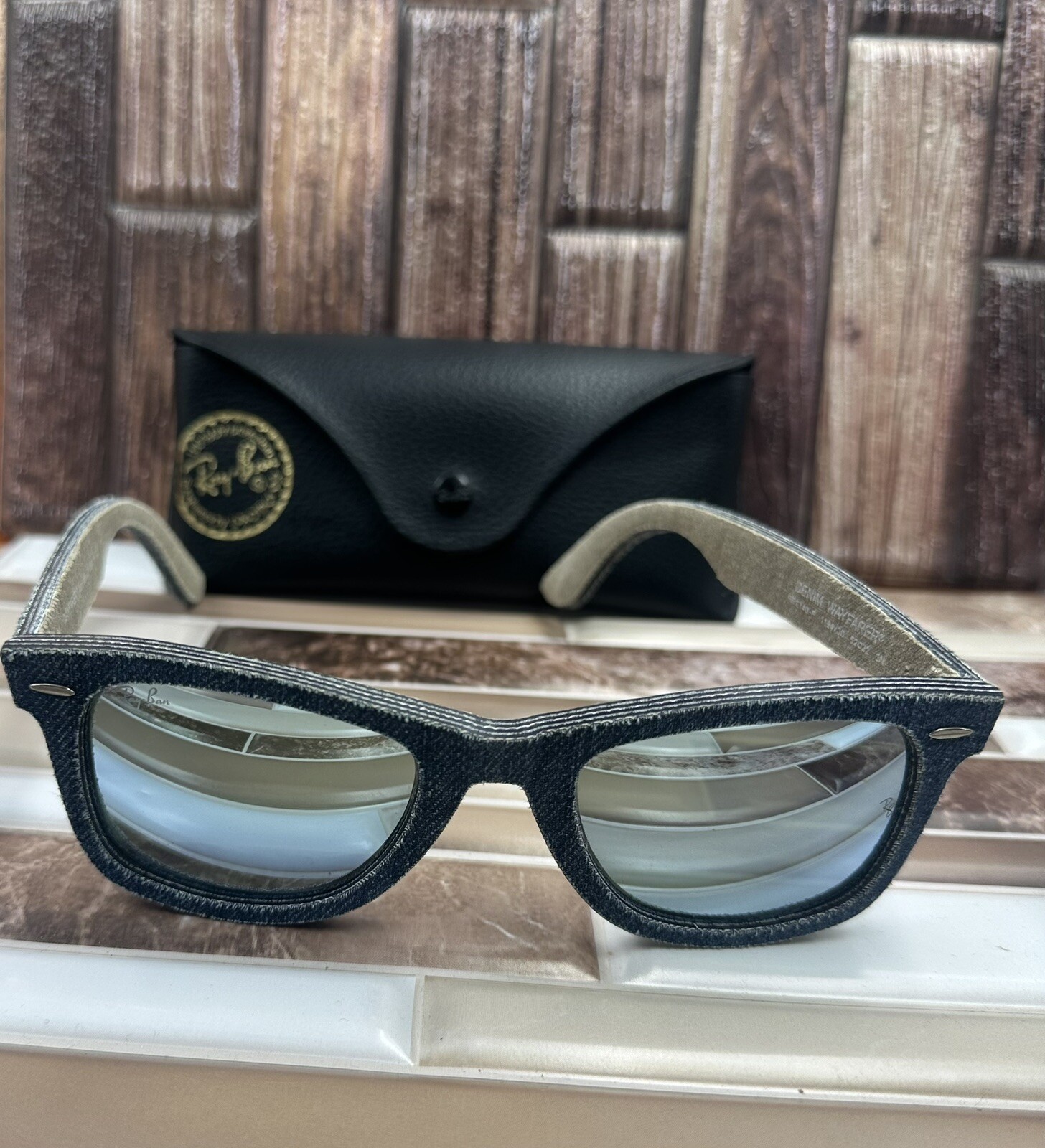 RAY-BAN WAYFARER DENIM ACID WASH BLUE TAN BEIGE RB2140- 1194/30