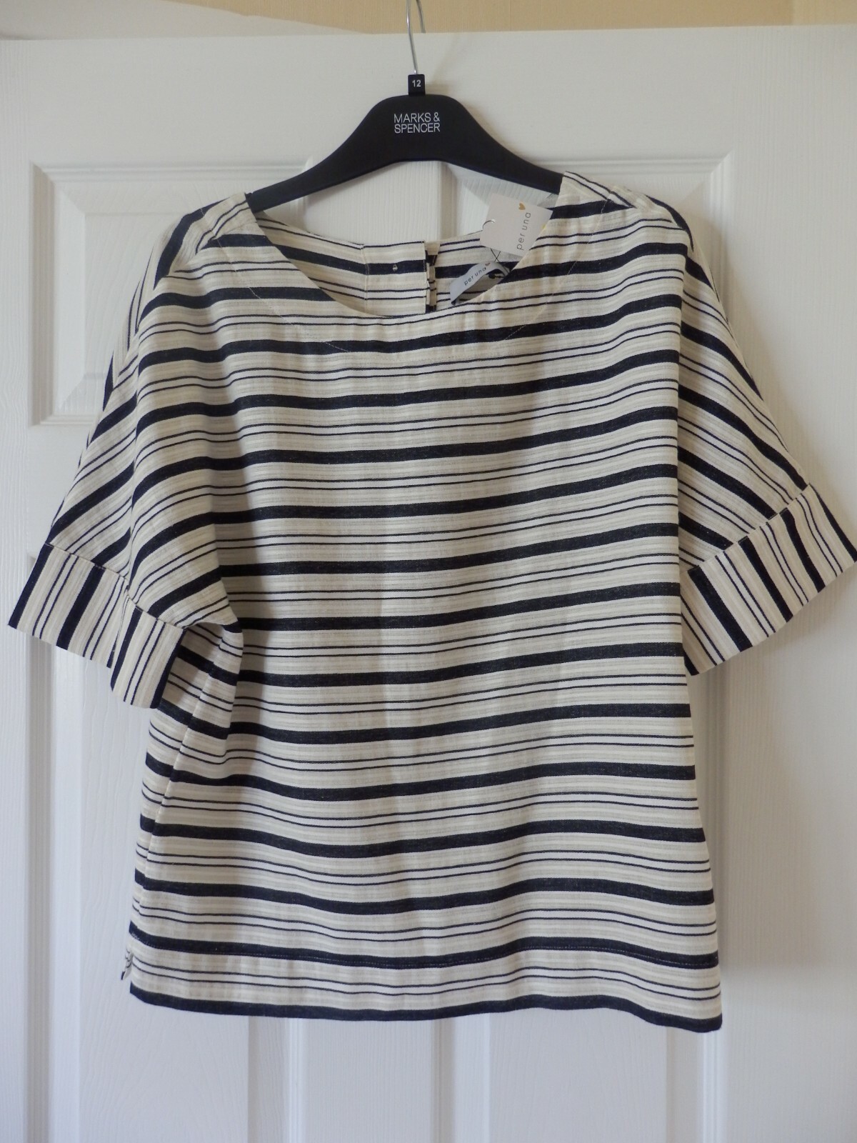 MARKS & SPENCER PER UNA Ivory Mix short sleeved striped top, large size 6