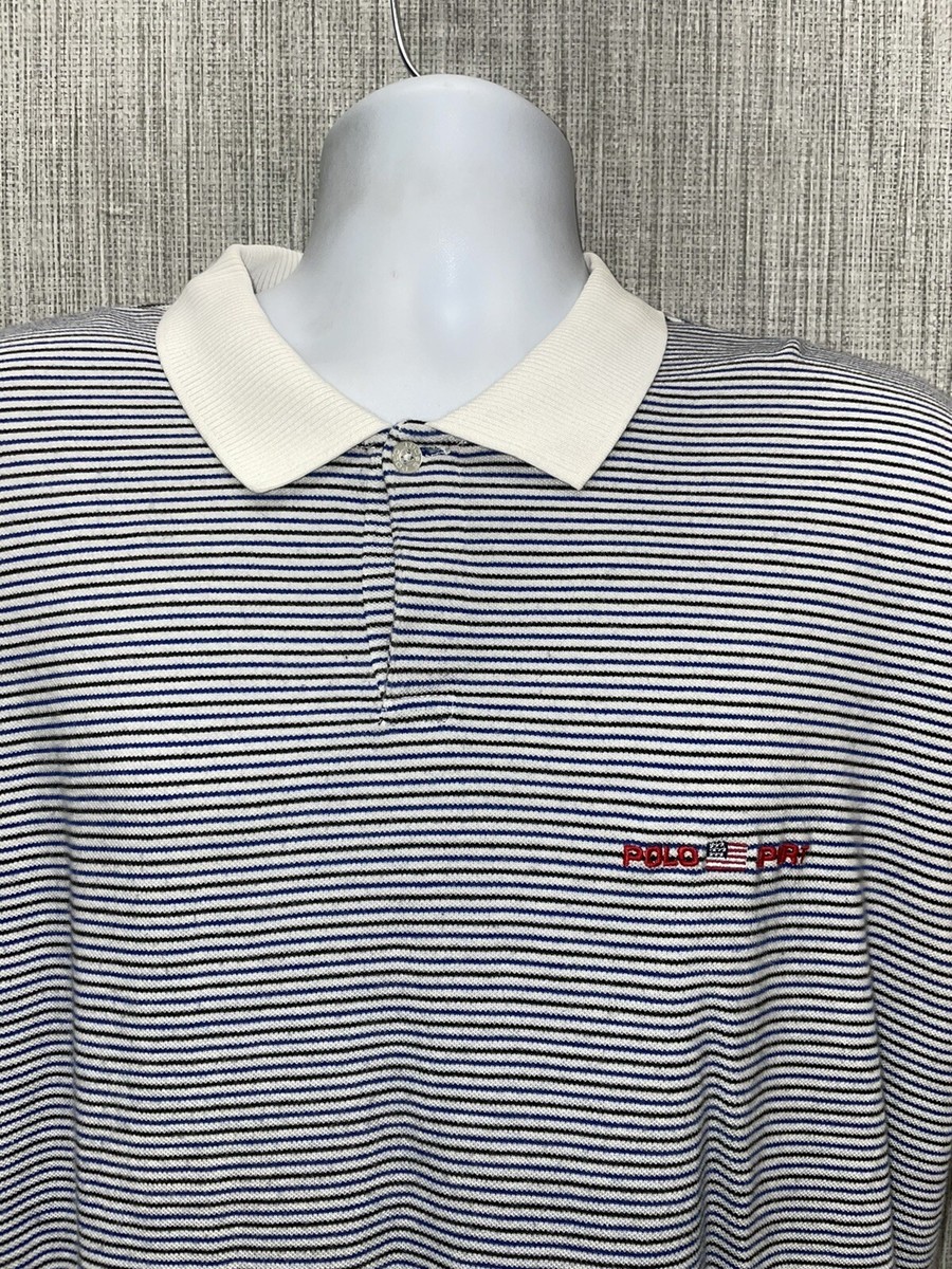 VTG Polo Sport Ralph Lauren Blue/Black/White Striped Polo Mens 2XL