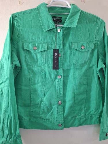 JONES NEW YORK 100% LINEN KELLY GREEN CROPPED TRUCKER JACKET FRONT POCKET M NWT - Picture 6 of 17