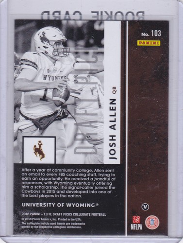 JOSH ALLEN ROOKIE CARD Elite RC Wyoming Cowboys 2018 Draft Picks BUFFALO BILLS - Picture 2 of 2