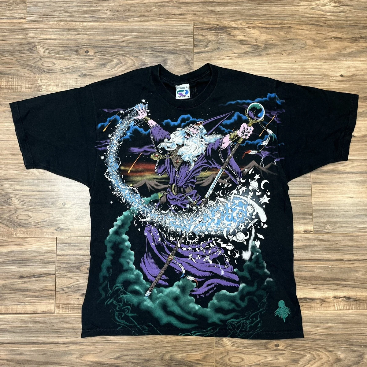 Vintage 1994 Liquid Blue Wizard DOUBLE SIDE Graphic AOP TEE L 90s