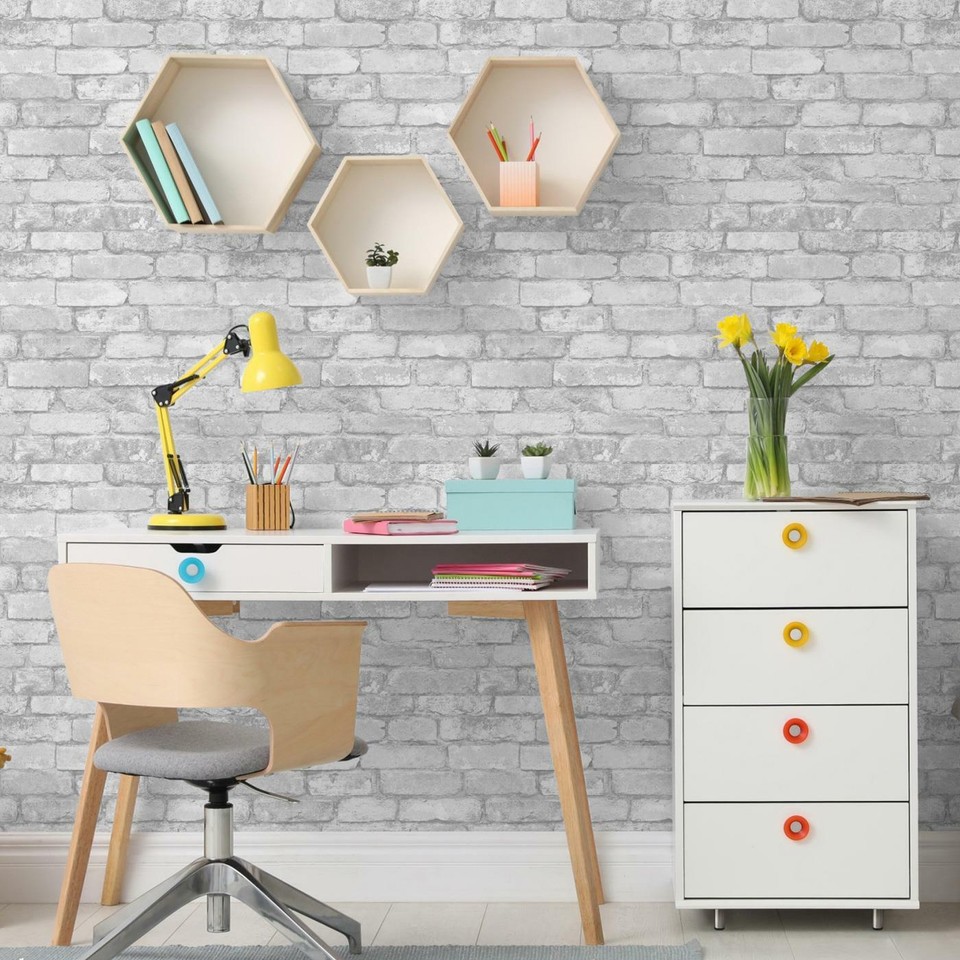 WHITE SILVER RUSTIC BRICK EFFECT WALLPAPER WINDSOR WALLCOVERINGS