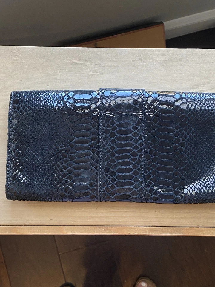 Michael Kors Black Leather Snakeskin Inner Pockets Rectangle Buckle Clutch Purse - Image 3 of 4