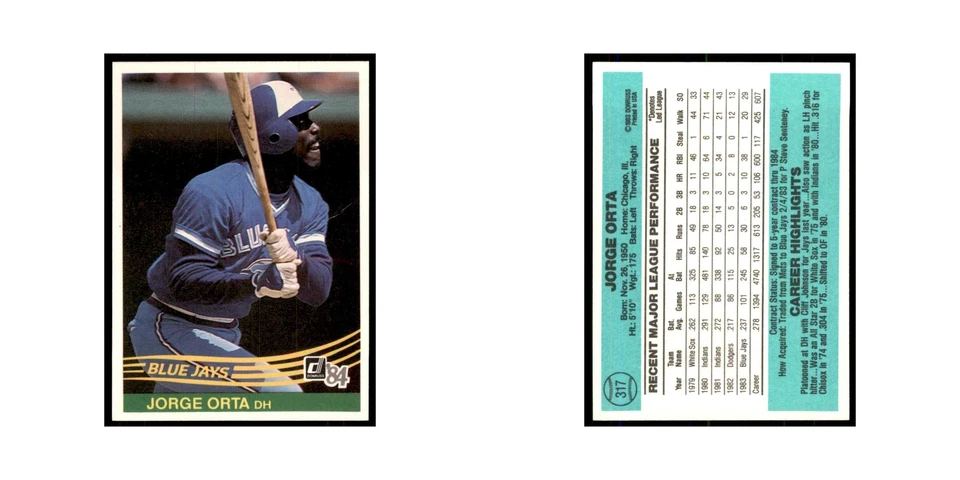 Jorge Orta 1984 Donruss #317 Toronto Blue Jays Baseball Card NM - Image 3 of 3
