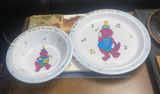 Vintage 1992 Barney Purple Dinosaur Melamine Plate Bowl Strike Up The Band Set