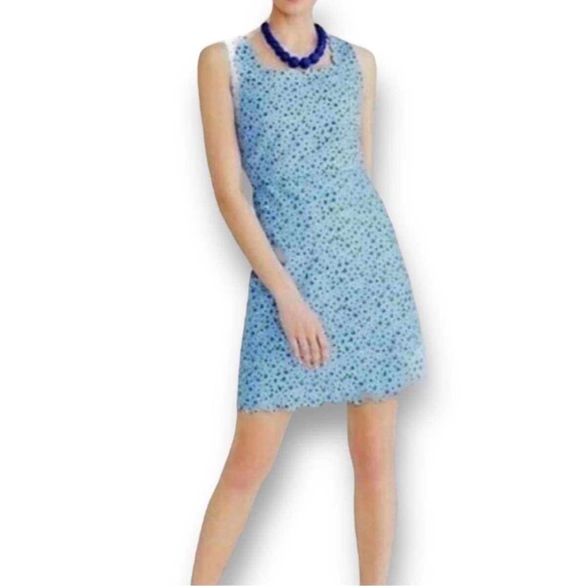 Blue Floral Scalloped Edge Basketweave Sleeveless Dress