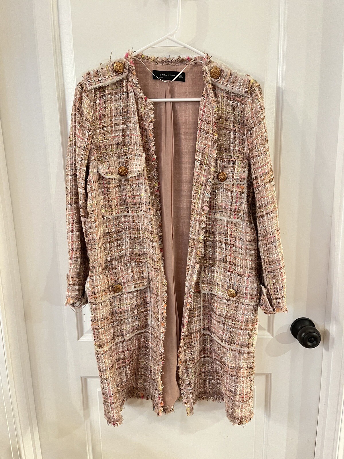 Womens ZARA PINK CHECKERED Tweed Raw Hem JACKET COAT … Gem