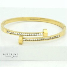 Women 6.5"Stainless-Steel CZ Bangle Iced Bling Eternity Solid Gold Plated BOX