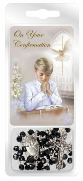 Confirmation Rosary Beads & Prayer Card Set Black Gift Boy