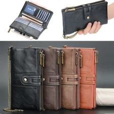 Mens  RFID Wallet with Anti-Theft Chain Large Capacity Double Zipper Phone Purse