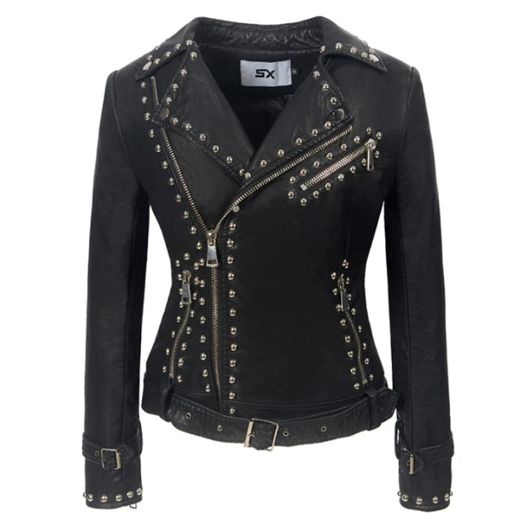 Chaqueta de motociclista de cuero PU 5xl 6xl con remache solapa calce ajustado para mujer Foto 3 de 4