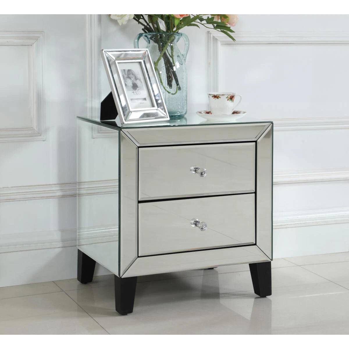 Mirrored Bedside Table Small Two Drawer Nightstand Assembled