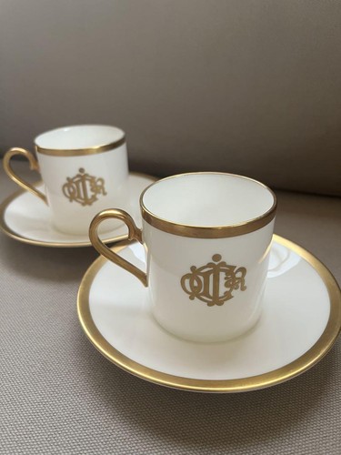 Christian Dior Cup & Saucer Set of 2 Demi Cup Coffee Whit Gold Porcelain