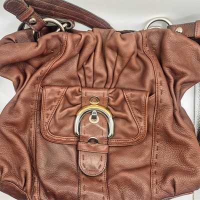B. Makowsky Brown Leather Slouchy Hobo Shoulder Bag Ruched Leopard Lining