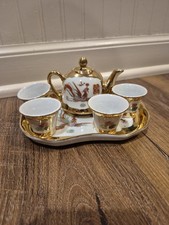 Tea Pot 4 Tea Cups Tray Set VTG 22K Gold Gilded Chinese Red Dragon Phoenix