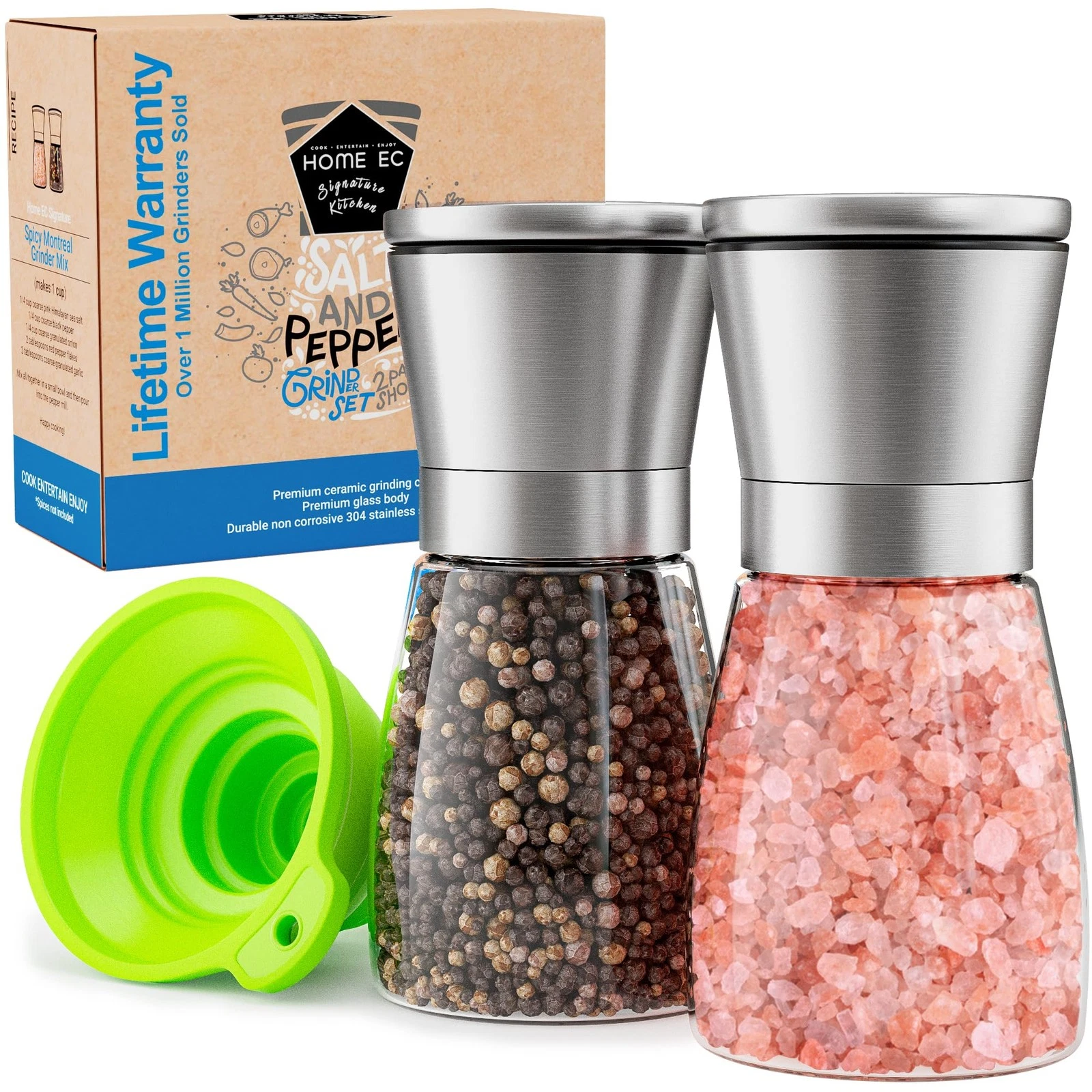 Home EC Original Stainless Steel Sea Salt and Pepper Grinder 2pk, Clear Glass