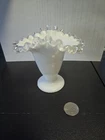Fenton Silver Crest White Milk Glass Ruffled Edge Footed Trumpet Vase 4" High