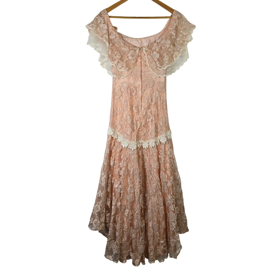 Vestido Loralie Original Vintage Encaje Formal Baile de graduación Rosa Melocotón Floral Superposición Talla 10 Foto 2 de 4