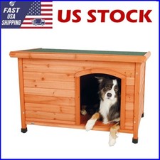 Weatherproof Large Wooden Outdoor Dog House w/ Hinged Flat Roof Indoor Outdoor