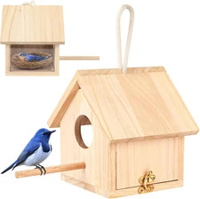 Outdoor Bird Houses Transparent Wooden Bird House for outside with Lanyard and S