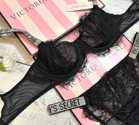 Victoria's Secret Shine Strap Wicked Unlined  Bra Cheeky Set Black 34C 38DD