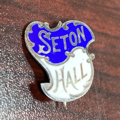 Antique SETON HALL Blue White Enamel Hingeback Flag Pin FOLGER Byway Broadway NY