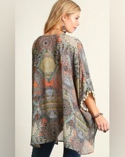 Umgee Women's Tribal Boho Print Kimono Size M/L Sheer Pompom Sleeves Cardigan