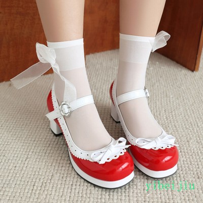 Women's Shiny Leather Low Heel Mary Jane Shoes Bow Lolita Two Tone Contrast Trim