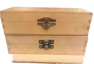 Vintage X-ACTO hobby knife sets in original wooden storage boxes.