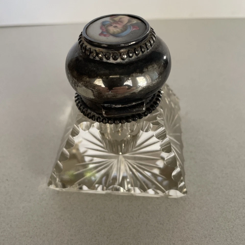 ANTIGUO RARO TINTERO PLATEADO CON BISAGRAS PLATA DAMA VICTORIANA SUPERIOR Foto 4 de 4