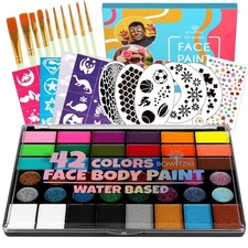 Bowitzki Professional Face & Body Paint Kit - 42 Non Toxic Water Based Colors