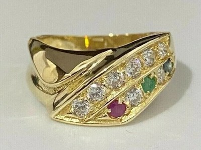 Laborgefertigter eleganter Ring Rubin Saphir Smaragd Stein 14 K massiv vergoldet