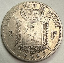 1867 Belgium 2 Francs Silver Coin French Script