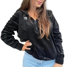 NWT Fila Women's Velour Quarter Zip Black Hoodie With Logo Size L Large
