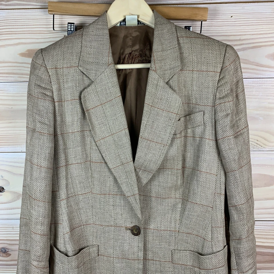 Traje De Colección Años 90 Peter Nygard Lino Mujer 4/6 Marrón Cuadros Plisado Academia Canadá Foto 2 de 4