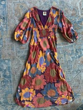 Farm Rio Dress Womens M Multicolor Floral Elbow Sleeve Belted V Neck Midi Boho