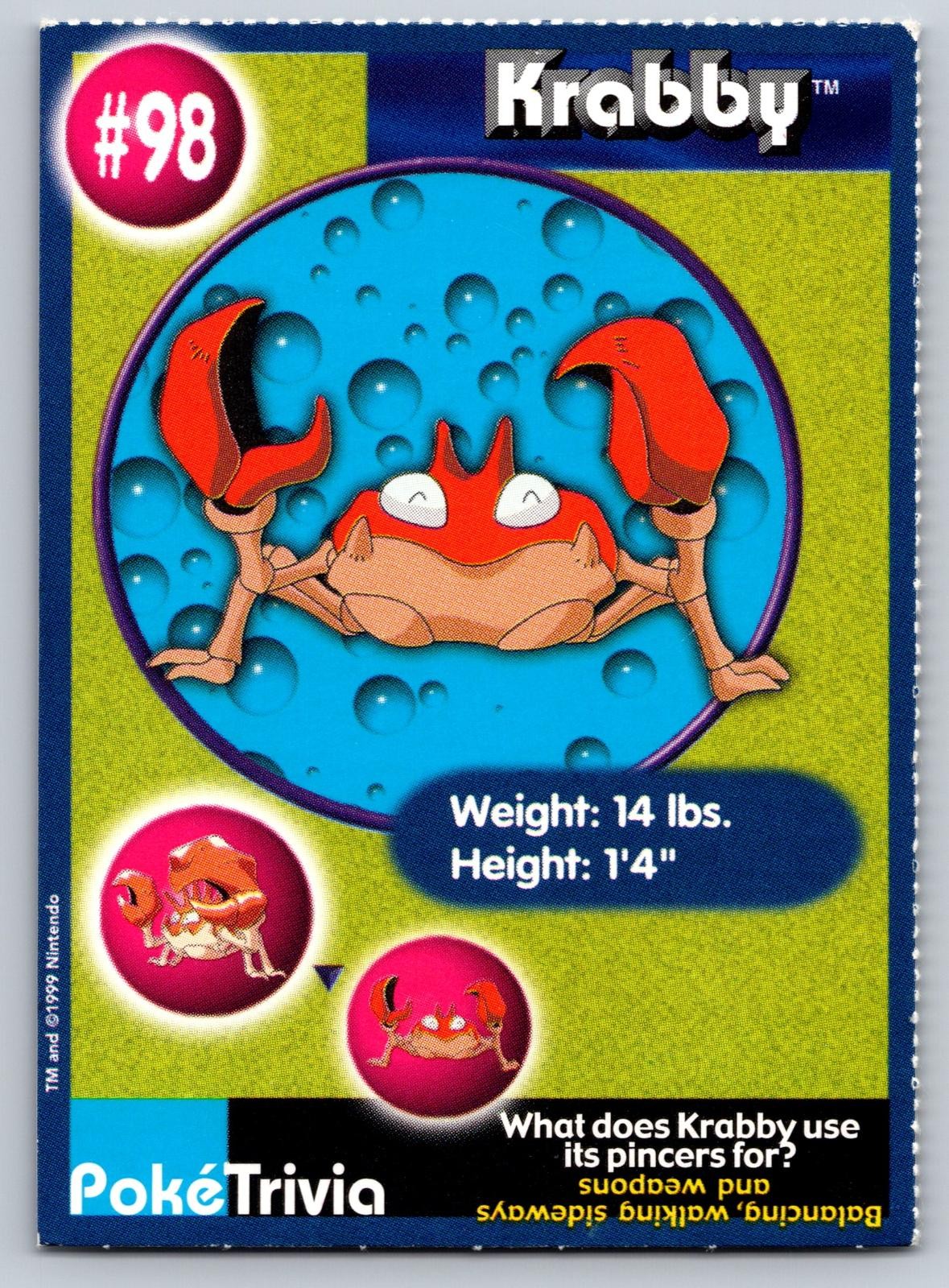 Krabby 98 Burger King PokeTrivia Pokemon Lightly Played