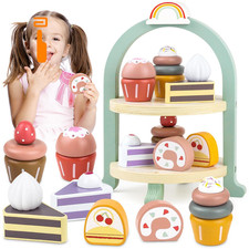 Wooden Cake Toys Tea Party Set, Desserts Food Toy with Cupcake Playset