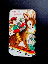 1 tarjeta de felicitación de Navidad de colección a color ciervo precioso en trineo con muchos amigos del bosque 🐿️